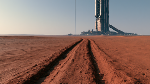 Midjourney V8.1 imagines a towering terminal on a broad Martian plain.