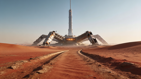 Seedream 4.5 imagines a weathered space terminal beyond winding red desert tracks.