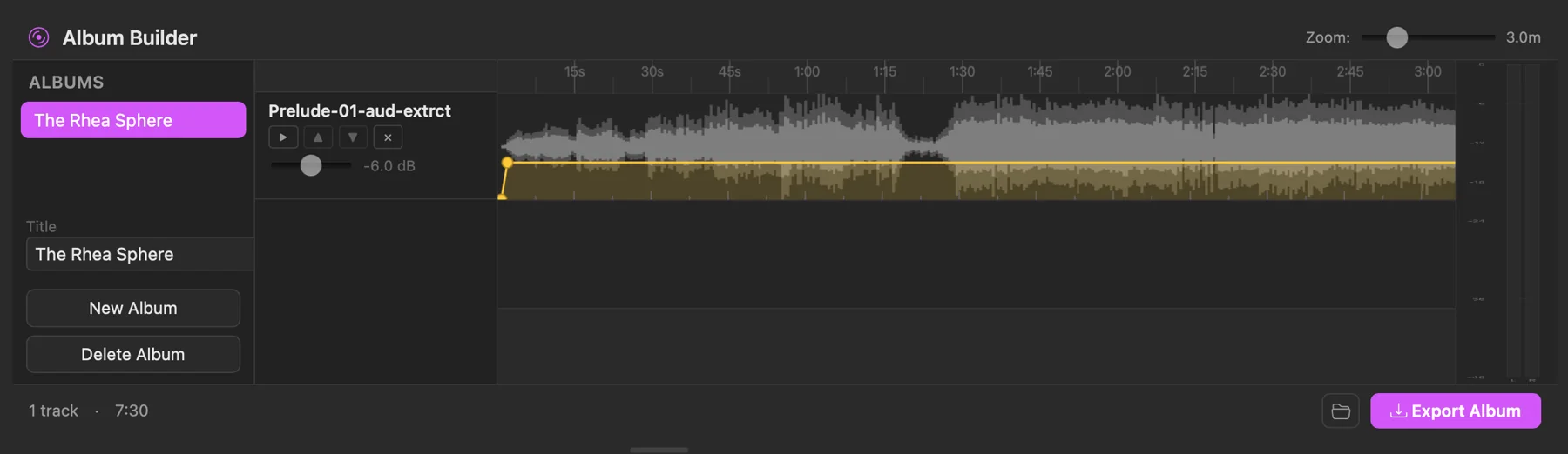 Album Builder with one named album, a waveform track, volume control, and Export Album.