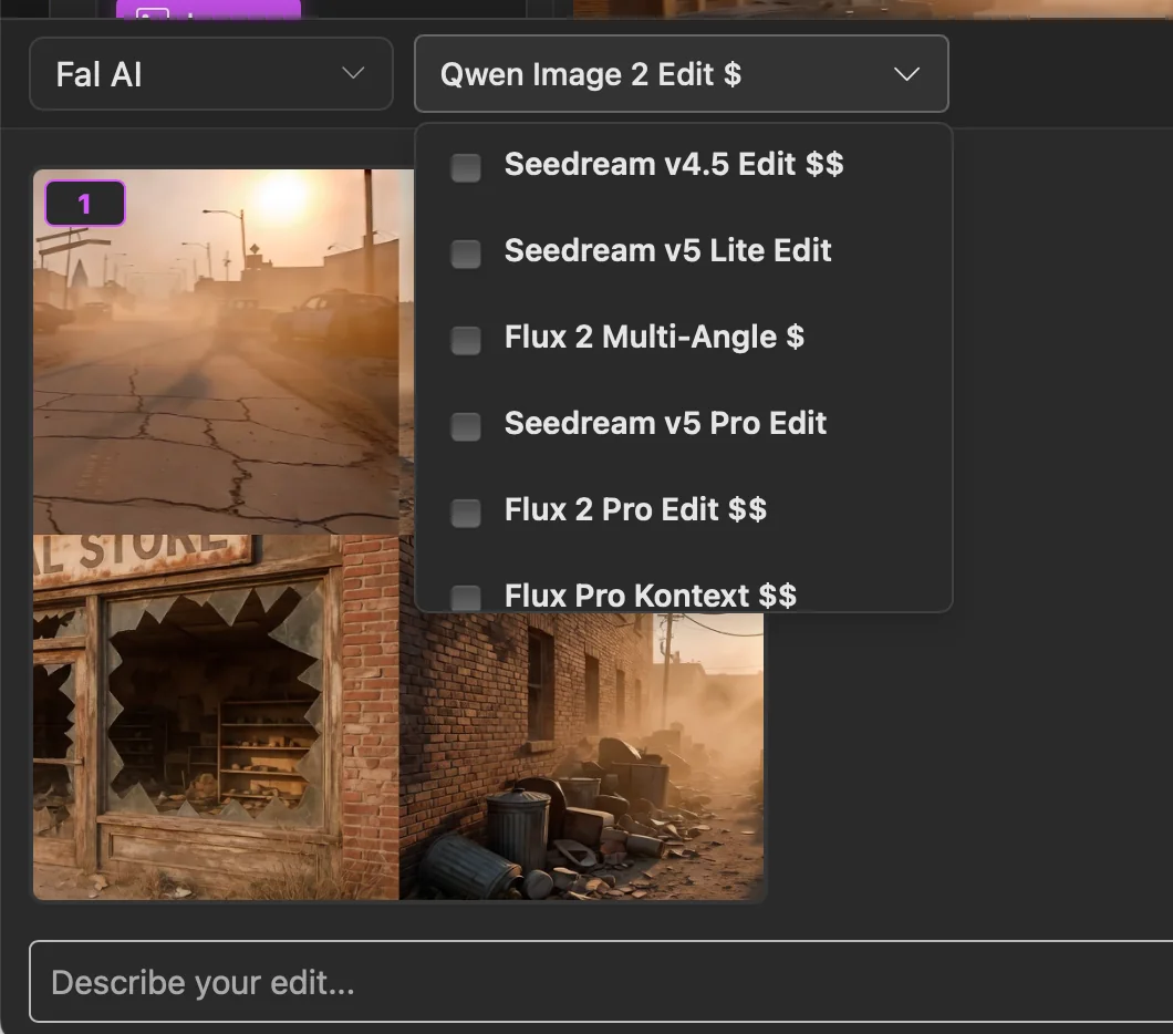 Chat Edit with an image loaded and a menu for selecting several Fal image-editing models.