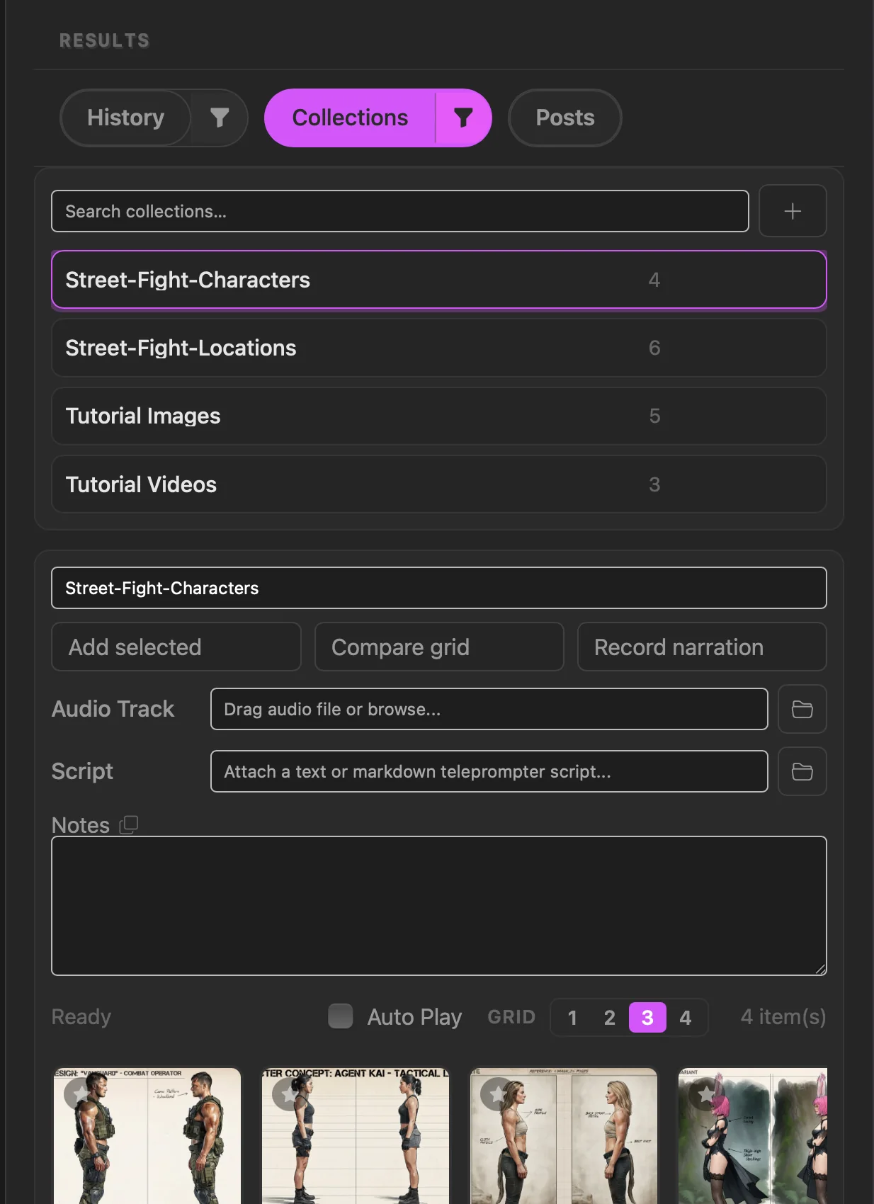 The Collections panel with named collections, Add selected, Compare grid, notes, and a media grid.