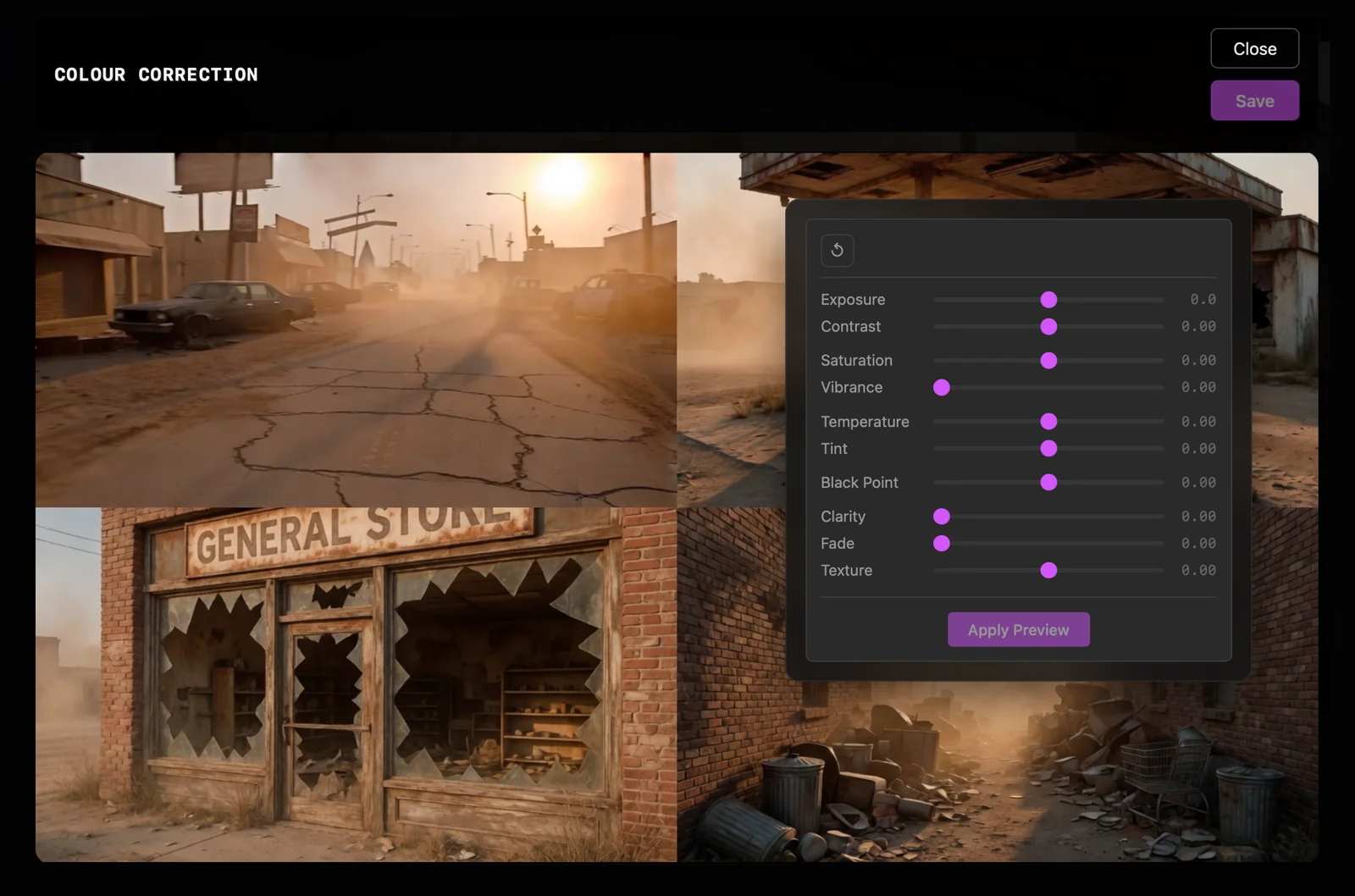 The Colour Correction editor showing exposure, contrast, colour, clarity, fade, and texture controls.