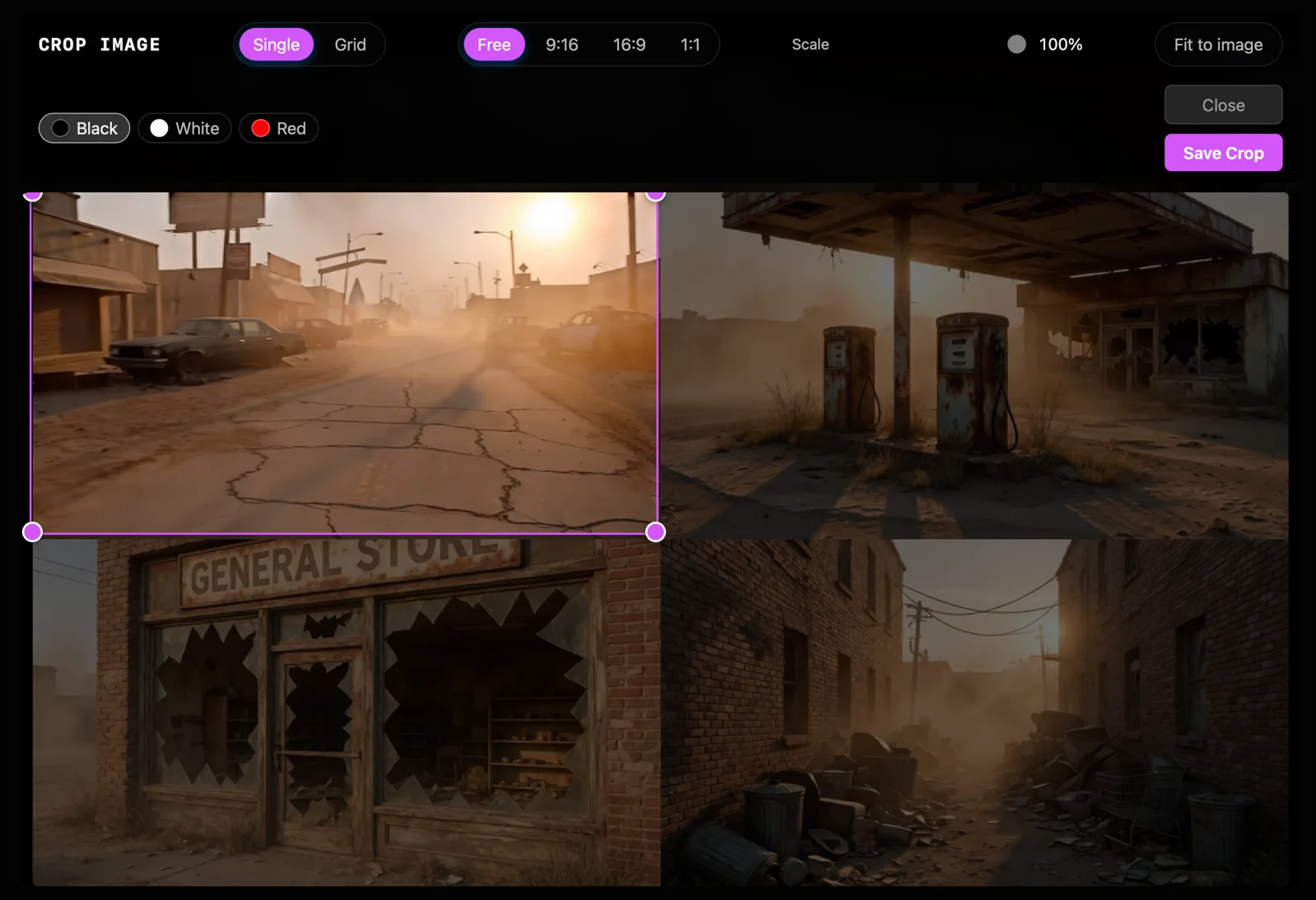 The Crop Image editor with grid and aspect controls, a crop frame, and Save Crop.