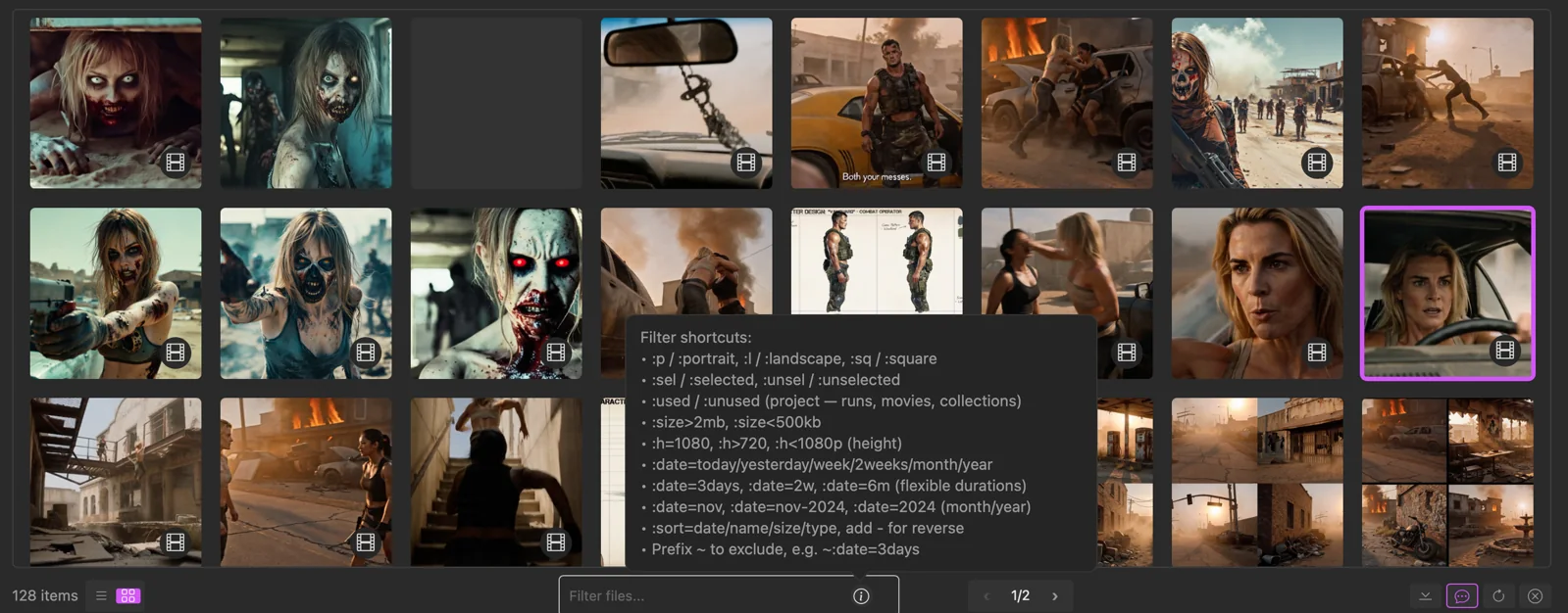 A PixelPig media grid with a selected video, paging controls, and the filter field.