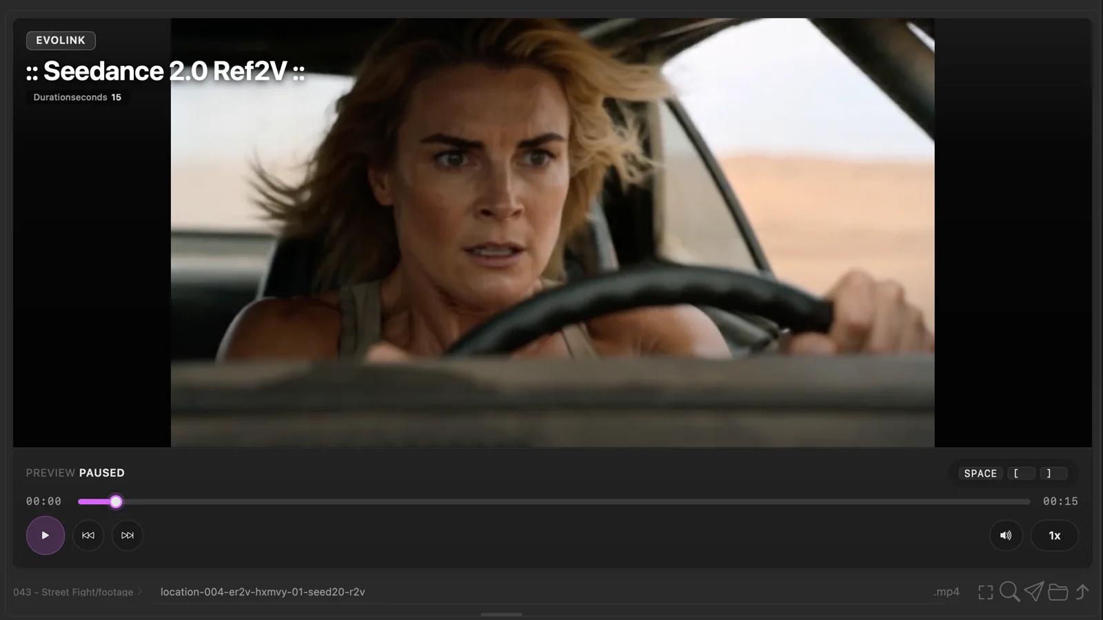 A selected video open in the PixelPig preview with playback, timeline, volume, speed, and file actions.