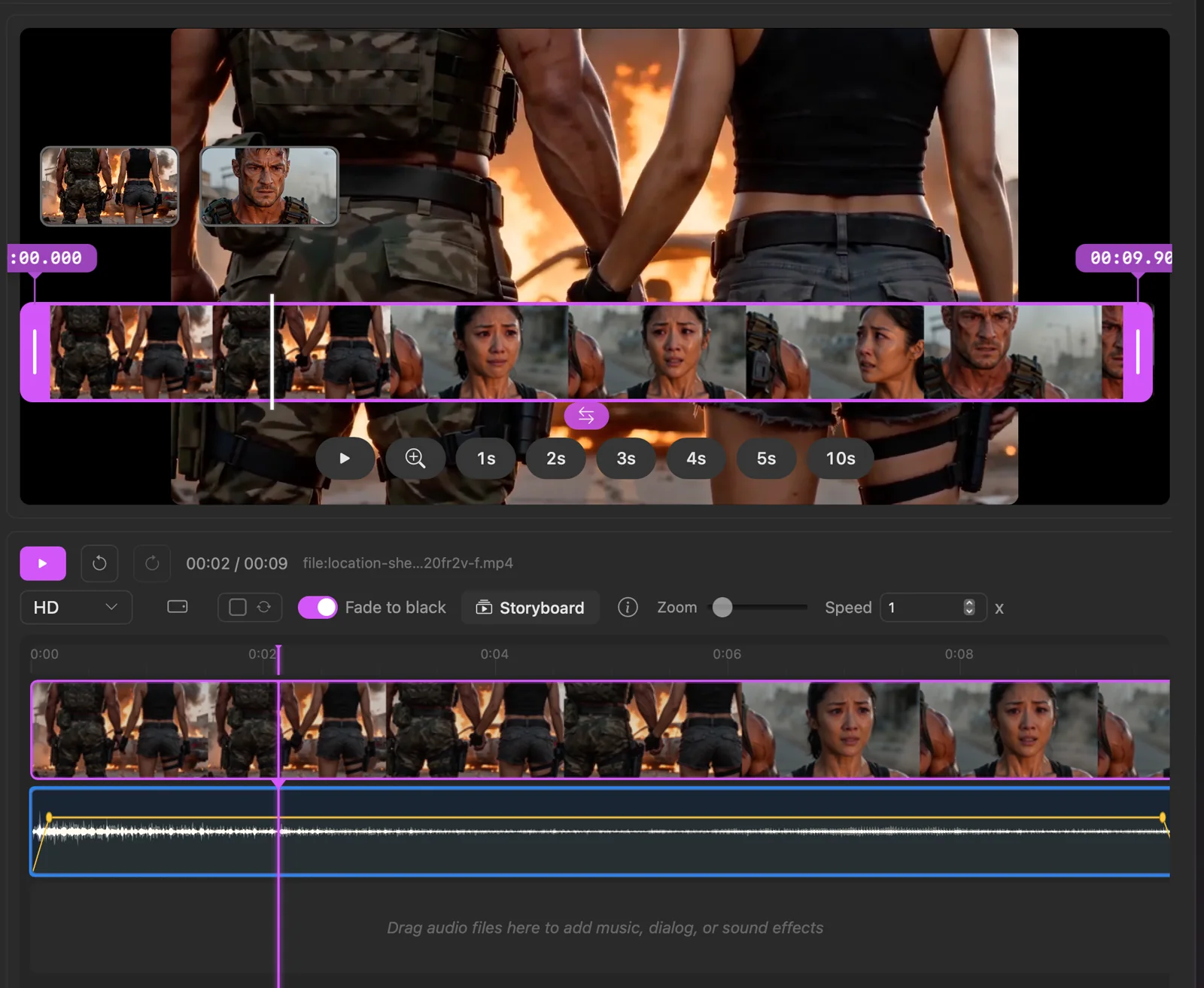 The Movie Editor with a video storyboard, clip timeline, and an audio waveform track.