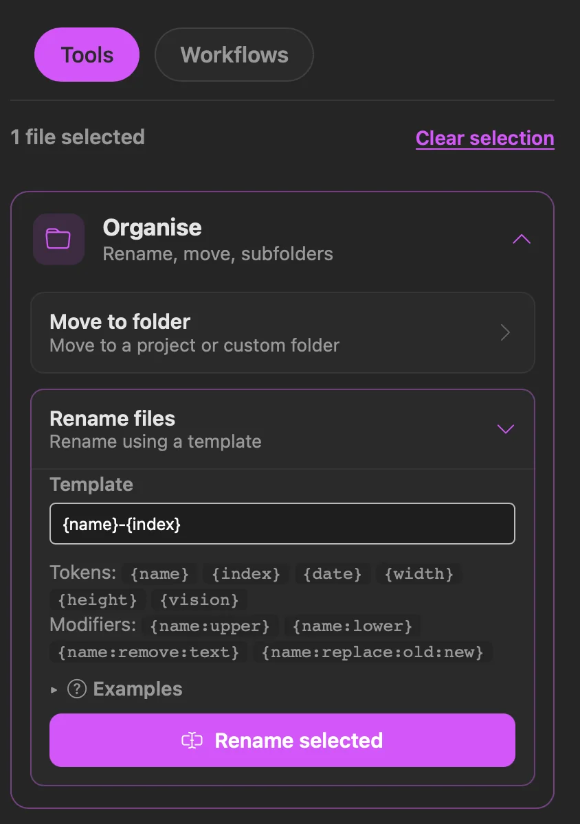 The Tools panel with Organise expanded and a rename template ready for the selected file.