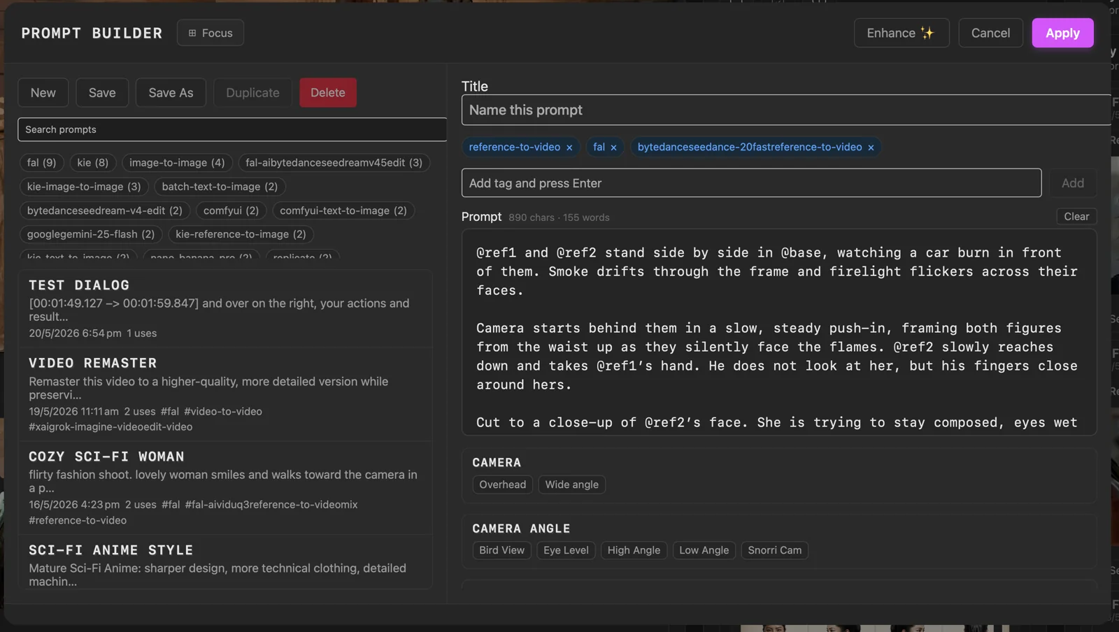 The Prompt Builder with saved prompts, tags, prompt text, snippets, and Apply.