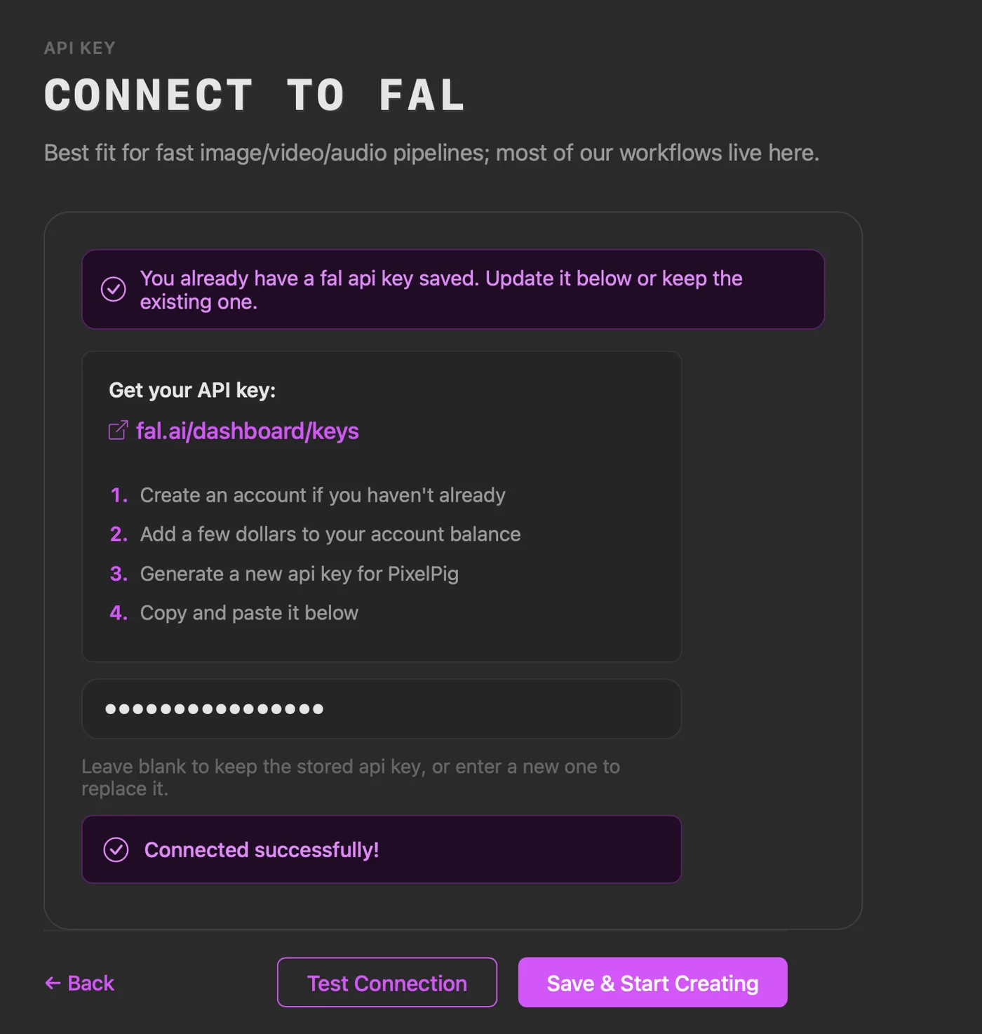 The Connect to Fal setup screen with a provider link, masked key field, Test Connection, and Save and Start Creating.