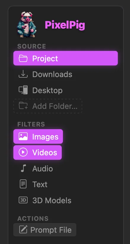 The Source and Filters sidebar with Project selected and Images and Videos enabled.