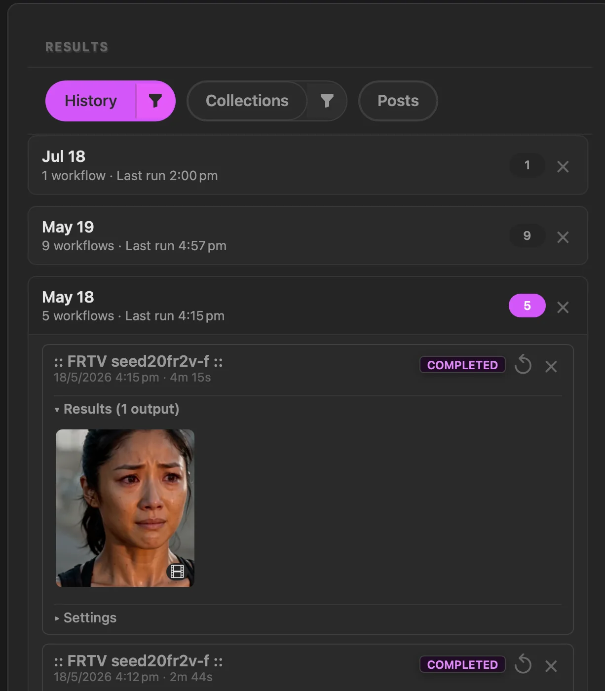 Workflow History grouped by date with completed runs and their generated video thumbnails expanded.
