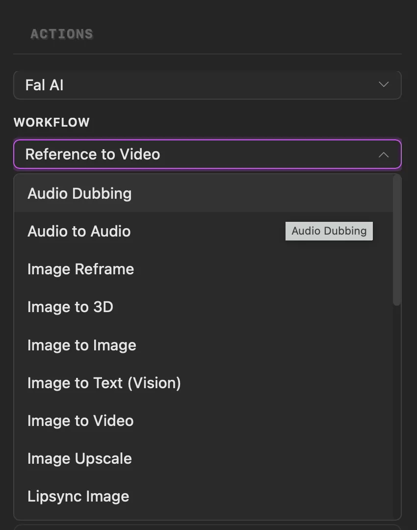 The Actions panel with Fal AI selected and the workflow list open.